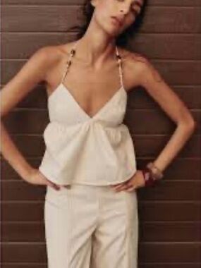 Zara Beige Denim Beaded Halter Top